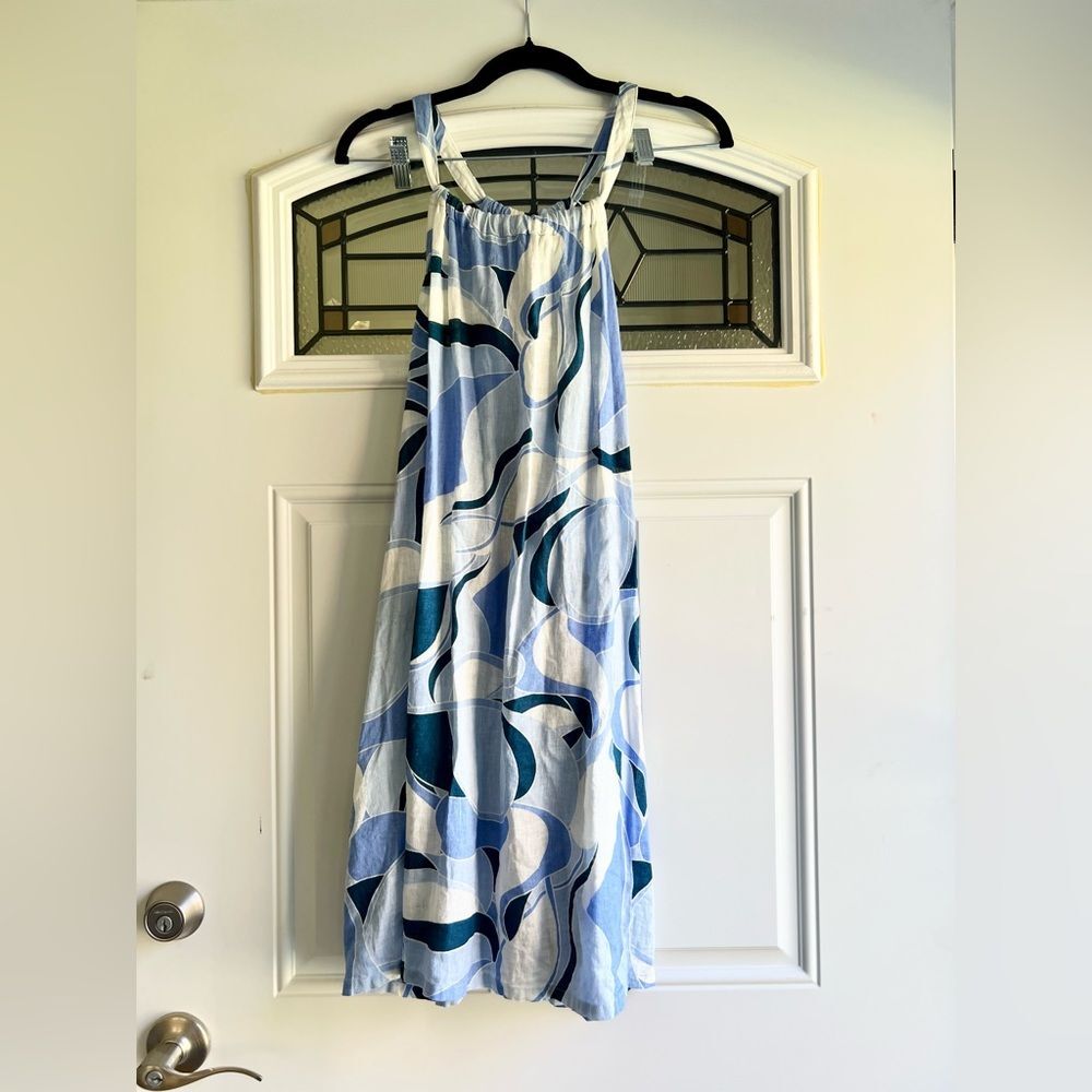 NWT Rachel Zoe Linen Blend Halter Mini Dress in Blue Swirl Pattern - Picture 2 of 5